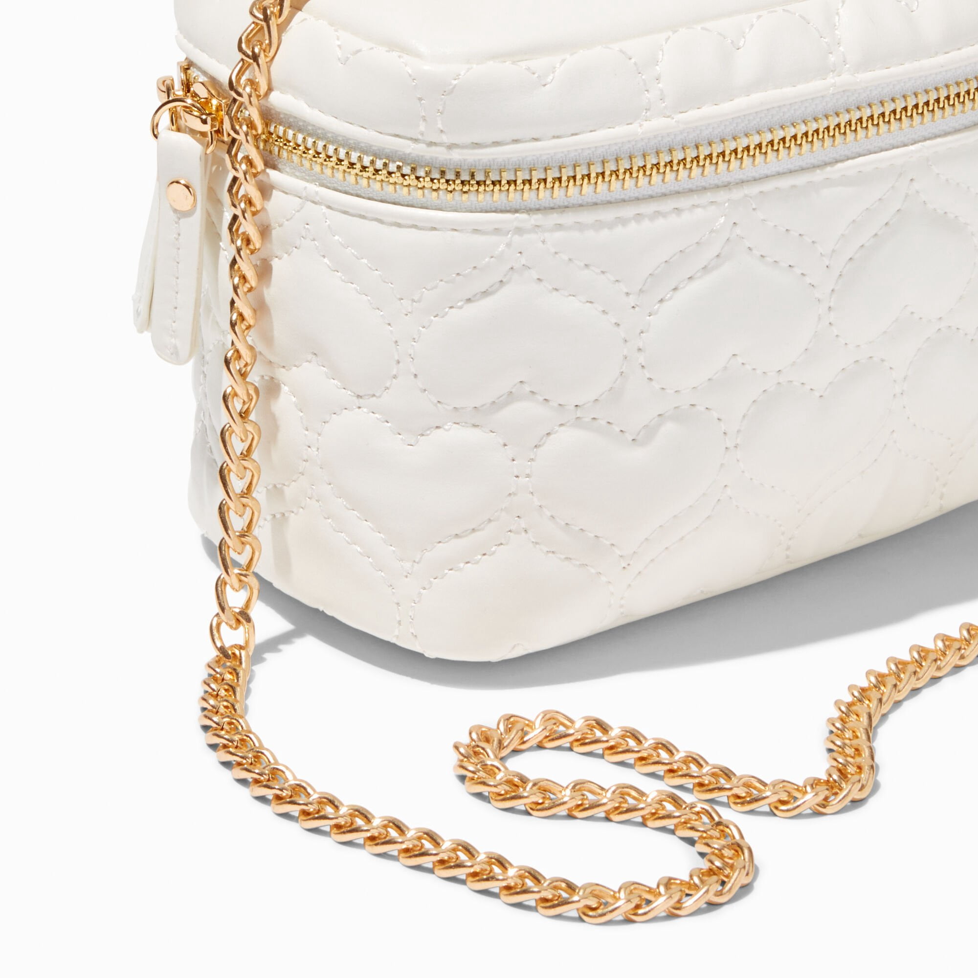Claire's Cute White Quilted Heart Crossbody Purse for Women, Dual Strap with Removable Gold Purse Chain, Zipper Closure, 7" W x 5" H x 4" D