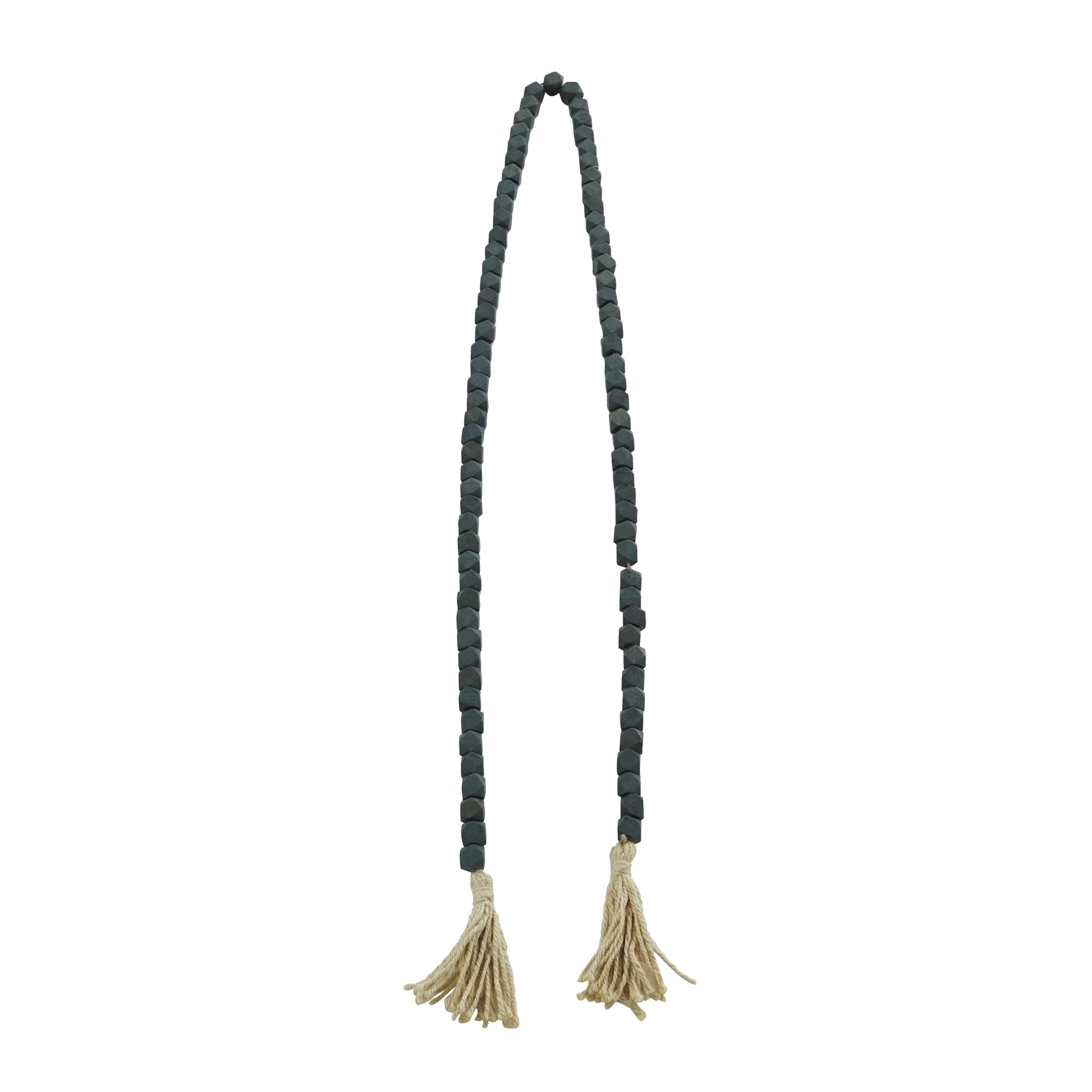 DecMode Green Wood Bohemian Garland Décor with Geometric Bead Details and Cream Cotton Tassel, 82"L