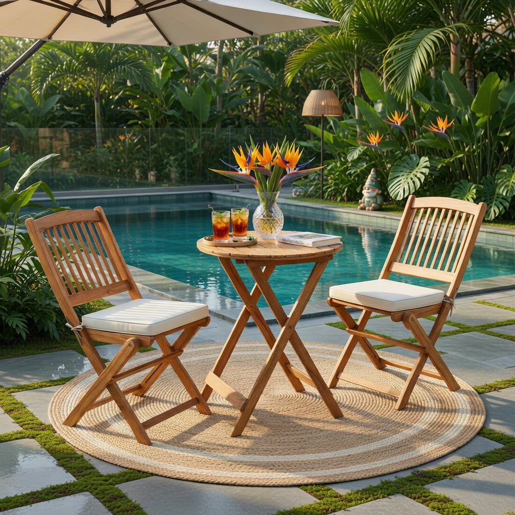 Hommoo 3-Piece Acacia Wood Folding Bistro Set with Removable Cushions, Outdoor Patio Chairs & Round Table for Balcony, Porch, Garden, Natural