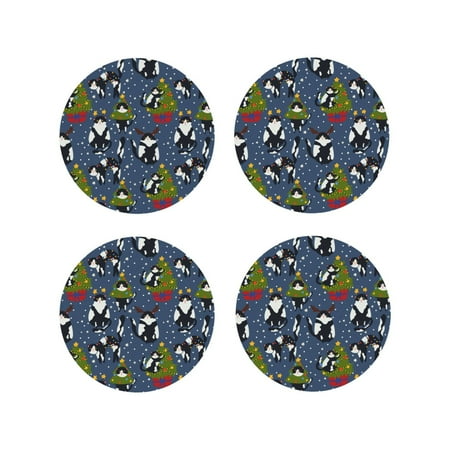 

Fuzoiu Festive Cats and Trees Print Leather Coasters Set Drink Coasters Set of 4 for Tabletop Protection Durable PVC Coasters Home Décor and Housewarming Gift-Round Shape