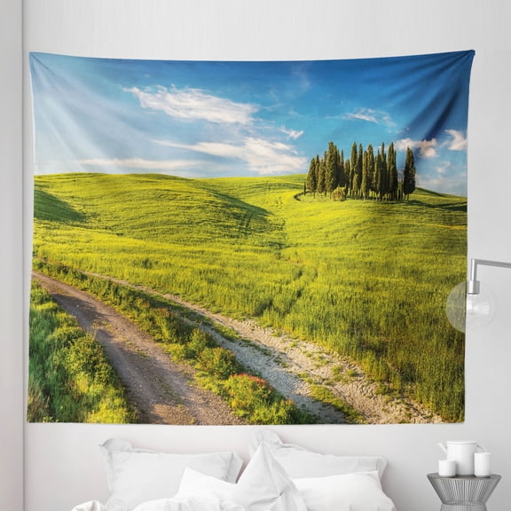Spring Tapestry, Tuscany Italy Getaway Dreamland Cultivated Land Wildflowers Springtime, Fabric Wall Hanging Decor for Bedroom Living Room Dorm, 5 Sizes, Sky Blue Fern Green, by Ambesonne