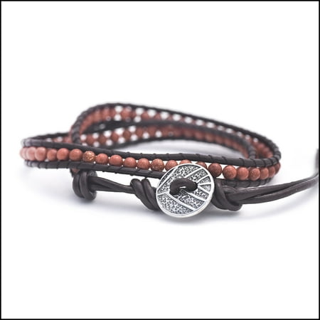 - Genuine Goldstone - Semi Precious Stones and Leather Wrap Bracelet