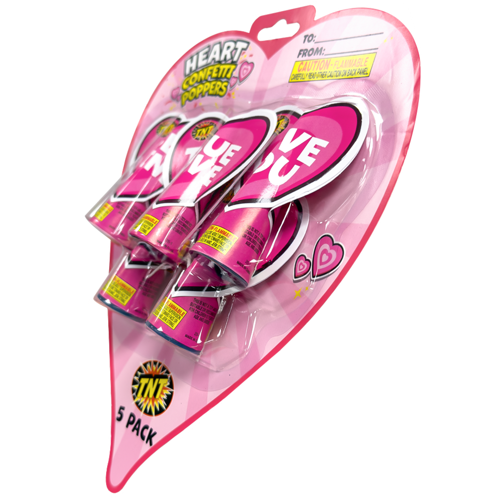 Heart Party Poppers, TNT Fireworks, 5 Blister Packs, 30 Total Party Poppers