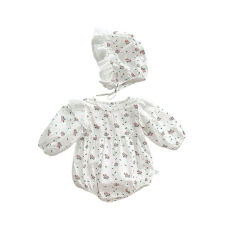 

Nokpsedcb Newborn Infant Baby Girls Romper Floral Ruffle Jumpsuit Hat Autumn Spring Princess Clothing White 18-24 Months