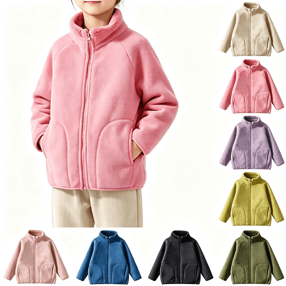 Zynoxe Girls and Boys Solid Color Fleece Jackets Winter Stand Collar Zip Up Raglan Sleeve Layering Jacket with Pockets Relaxed Fit Casual Warm Coat
