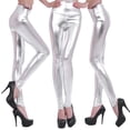 thumbnail image 3 of Womens High Waist Shiny Silver Gold Leggings Faux Stretch Pencil Pants Workout Leggings Tummy Control Yoga Pants, 3 of 16