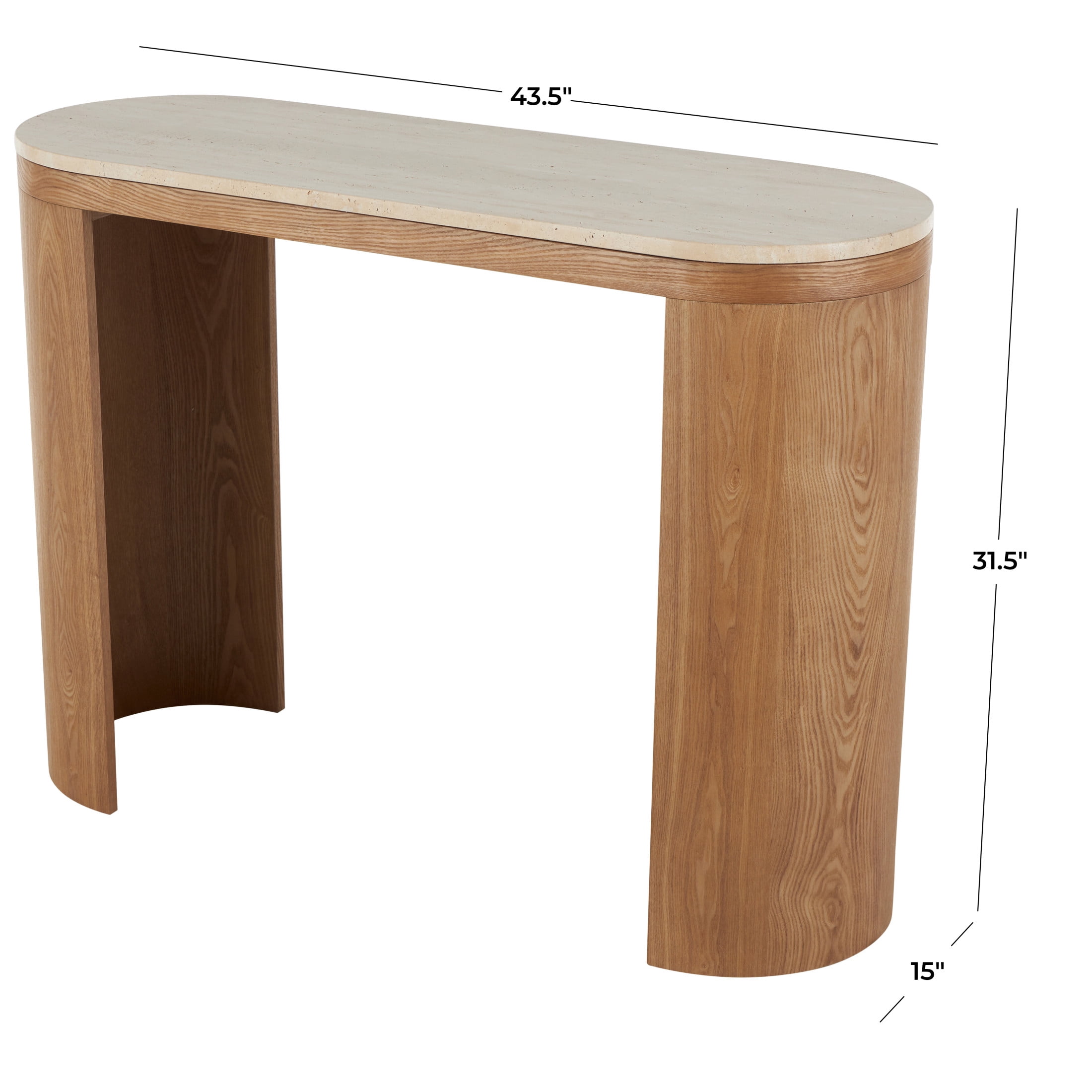 DecMode 44" x 32" Brown Wood Curved Crescent Console Table with Oval Beige Marble Tabletop, 1-Piece
