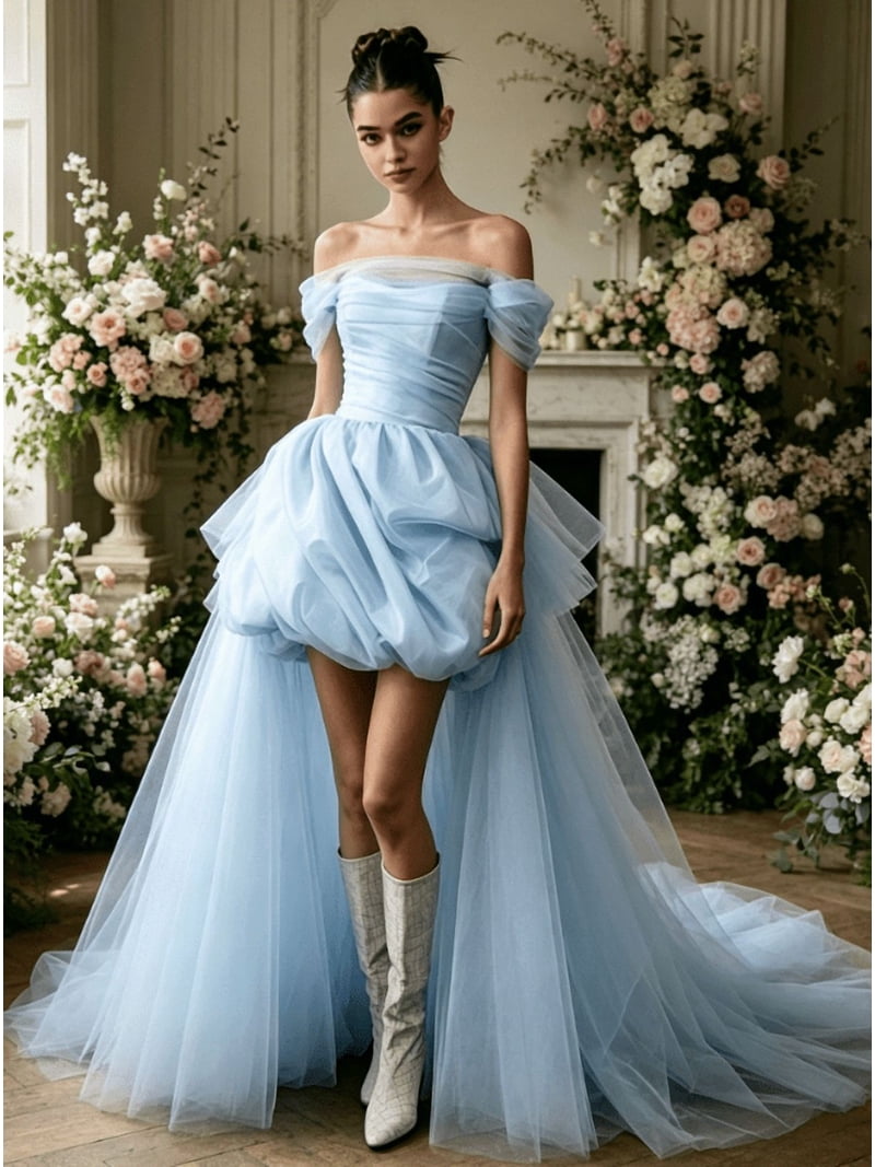 white and blue engagement dress zanzanmeow Wedding Registry Multi-color wedding dress French one-shoulder  pleated puffy short light wedding dress High-waisted slimming temperament  certificate engagement dress Bridesmaid dress