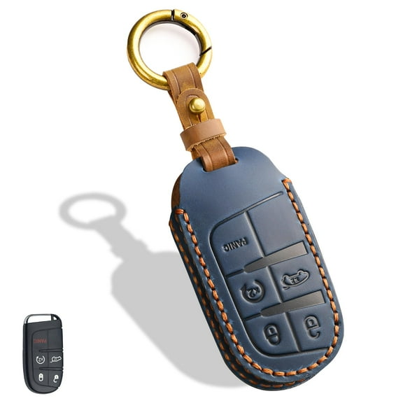 Leather Key Fob Cover, Compatible with Jeep Grand Cherokee Renegade Compass Chrysler Dodge RAM Durango Challenger Journey Dart Fiat, No Screw Design Key Holder Protector