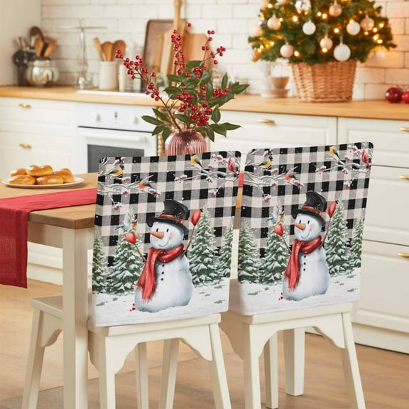 Christmas Snowman Chair Covers Set of 8 Tree Winter Bird Berry Black Plaid Chair Back Covers Stretch Removable Washable Slipcovers Protector for Dining Room Kitchen Party Decor