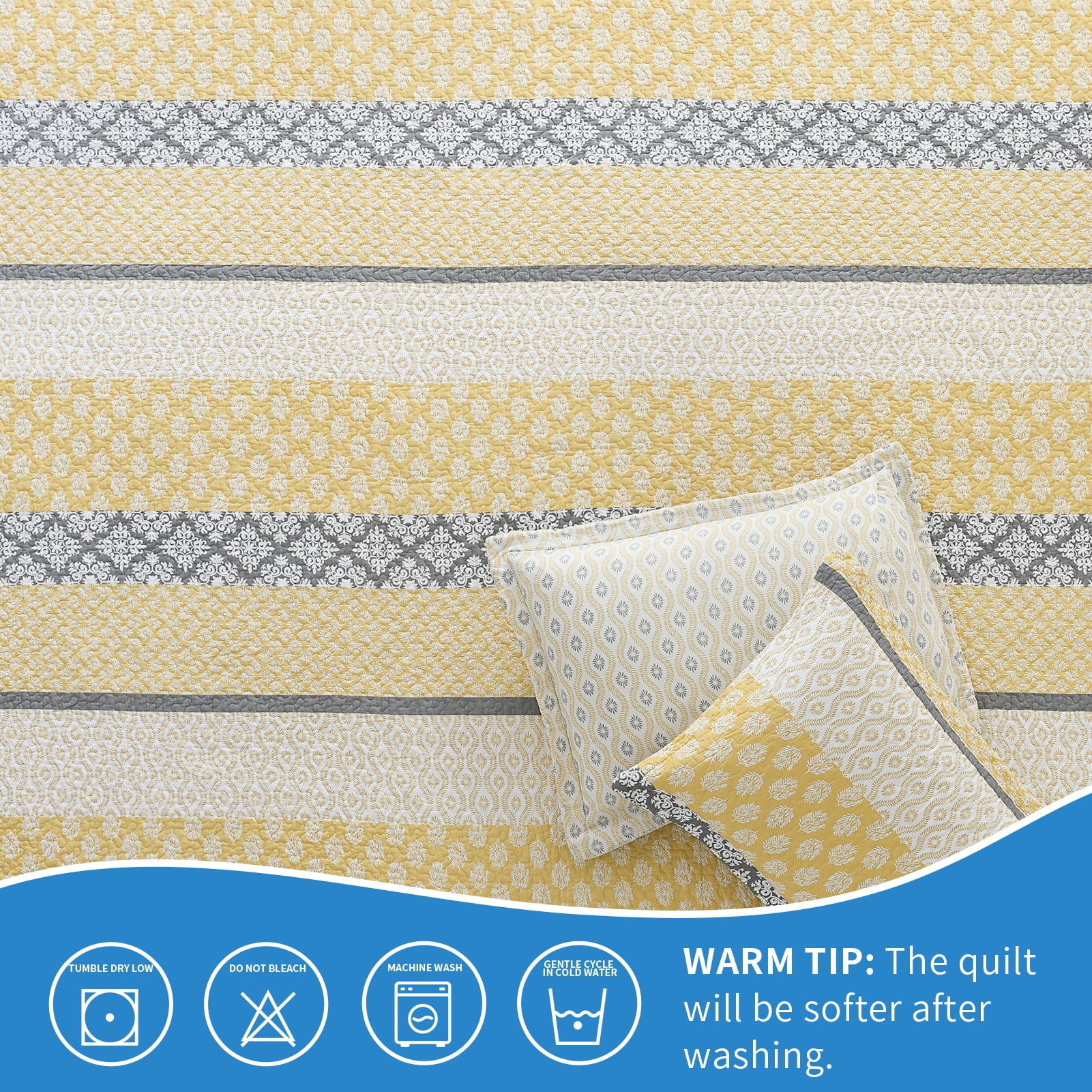 Bedduvit Quilt Bedspread for Queen Bed, 100% Cotton Gold Yellow Gray Floral Striped Reversible Quilts, Lightweight Farmhouse Summer Fall Printed Queen Quilt Comforter Set, 3-Piece 98"x90"