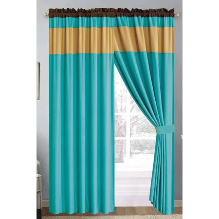 4 Pc Chic Solid Striped Curtain Set Turquoise Blue Gold Brown Sheer Liner D Rod Pocket Com 4 Pc Chic Solid Striped Curtain Set, Blue Gold Curtains