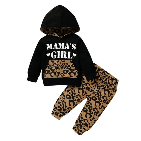 

NZRVAWS Baby Girls Outfits Long Sleeve Leopard Print Pocket Letter Print Hoodie Top +Leopard Print Pants 2Pcs Clothes Set 18-24 Months Black
