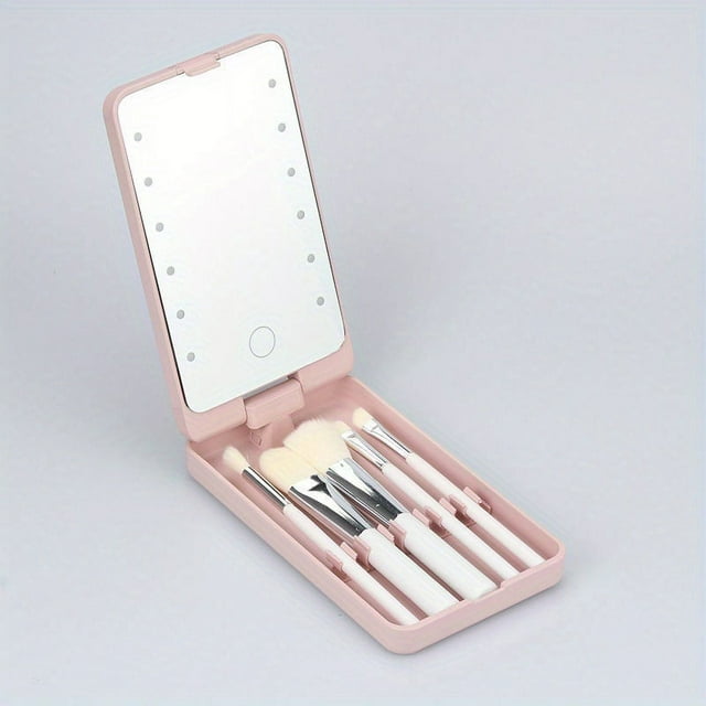 YOPTOP Portable Makeup Brush Set - Travel Makeup Brushes & Tools with Rotating Mirror Touch Control LED Lights Compact Storage Case Perfect for Daily Use and Travel Stylish Design Id,Pink
