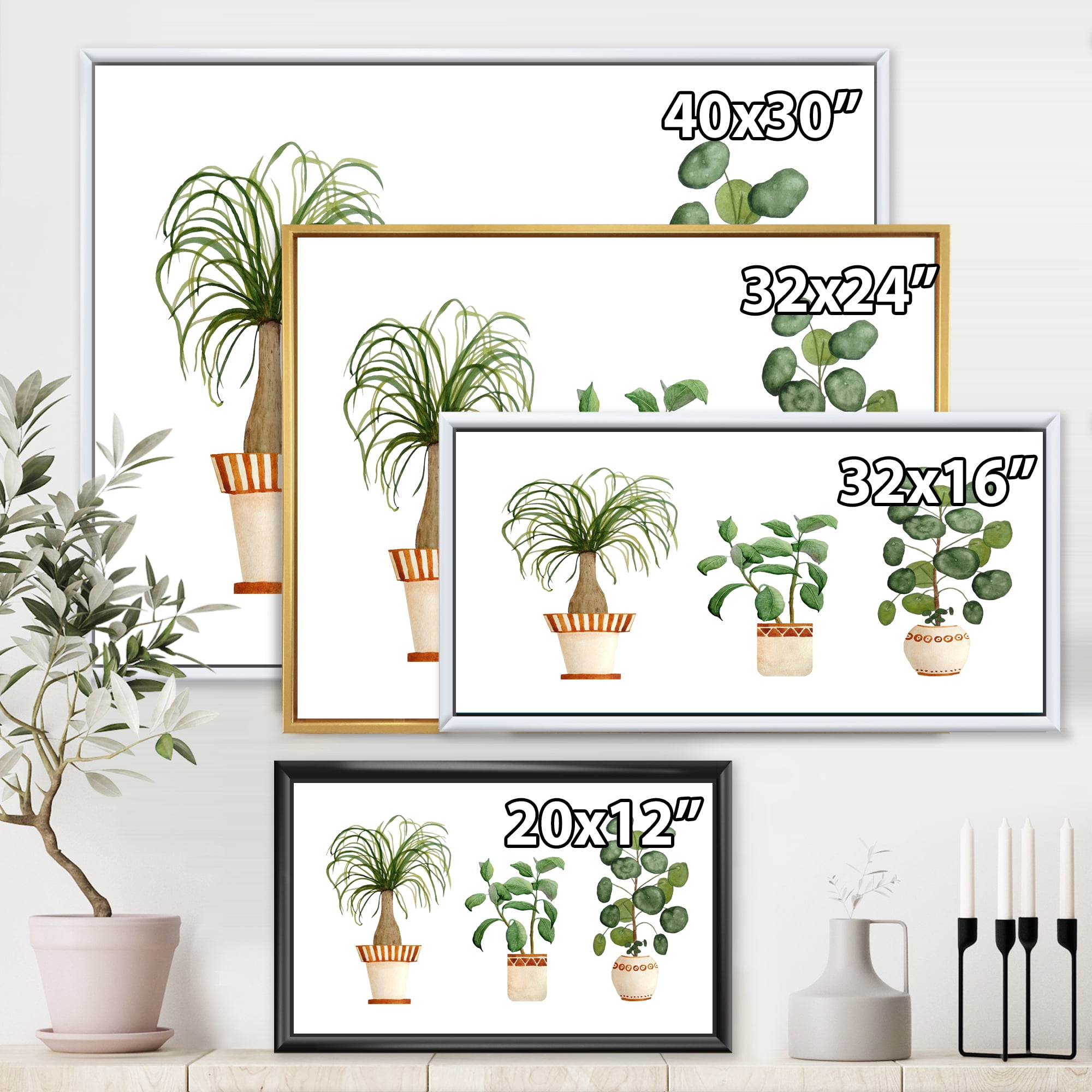 Designart 'Trio of House Plants Ficus Ponytail and Palm' Traditional Framed Canvas Wall Art Print