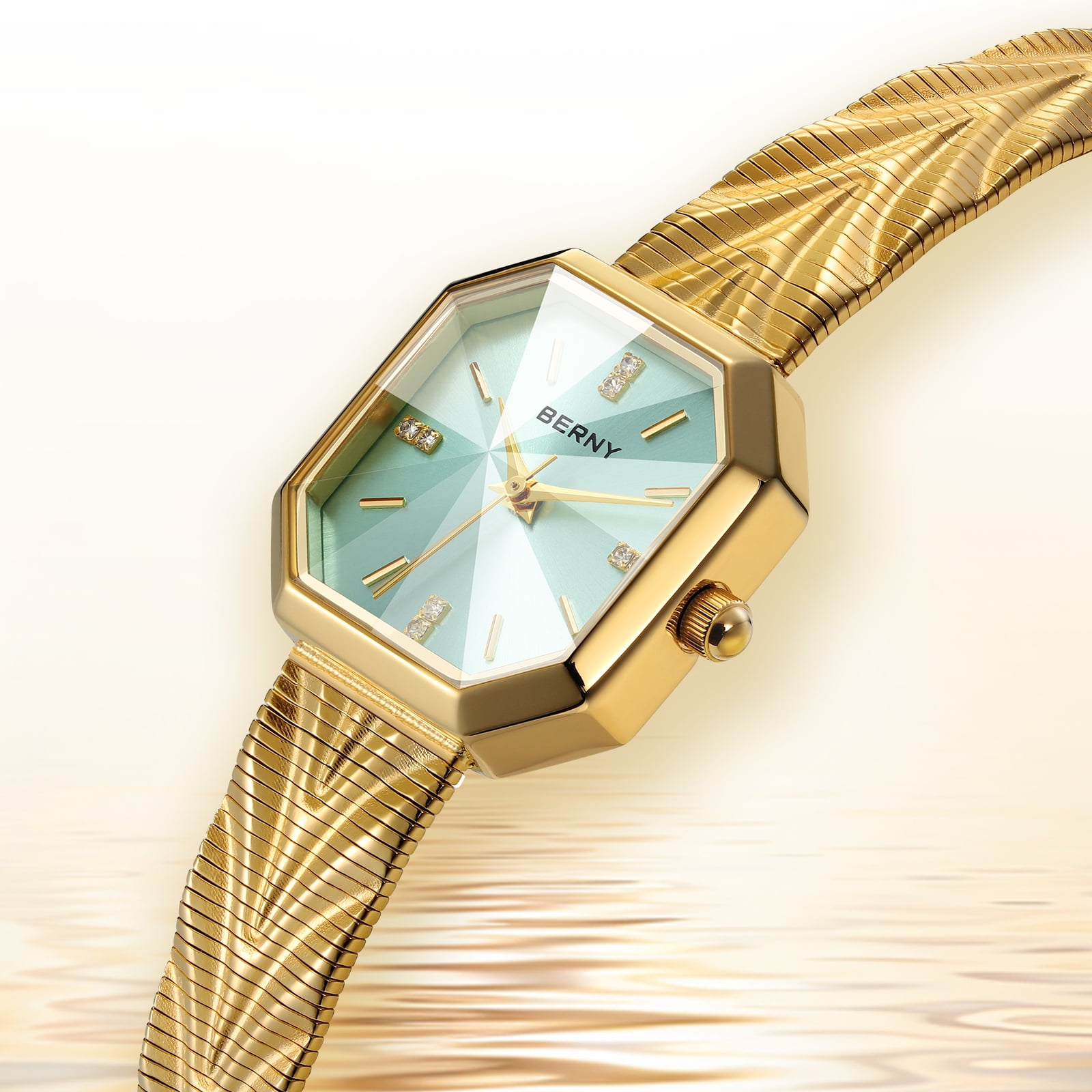 BERNY Small Gold Watches for Women, Dainty Luxury Diamond Dial, Stainless Steel Bracelet Watch, Fashion Ladies Analog Quartz Watch, Minimalist Waterproof Womens Wristwatch Gifts (Light Blue)