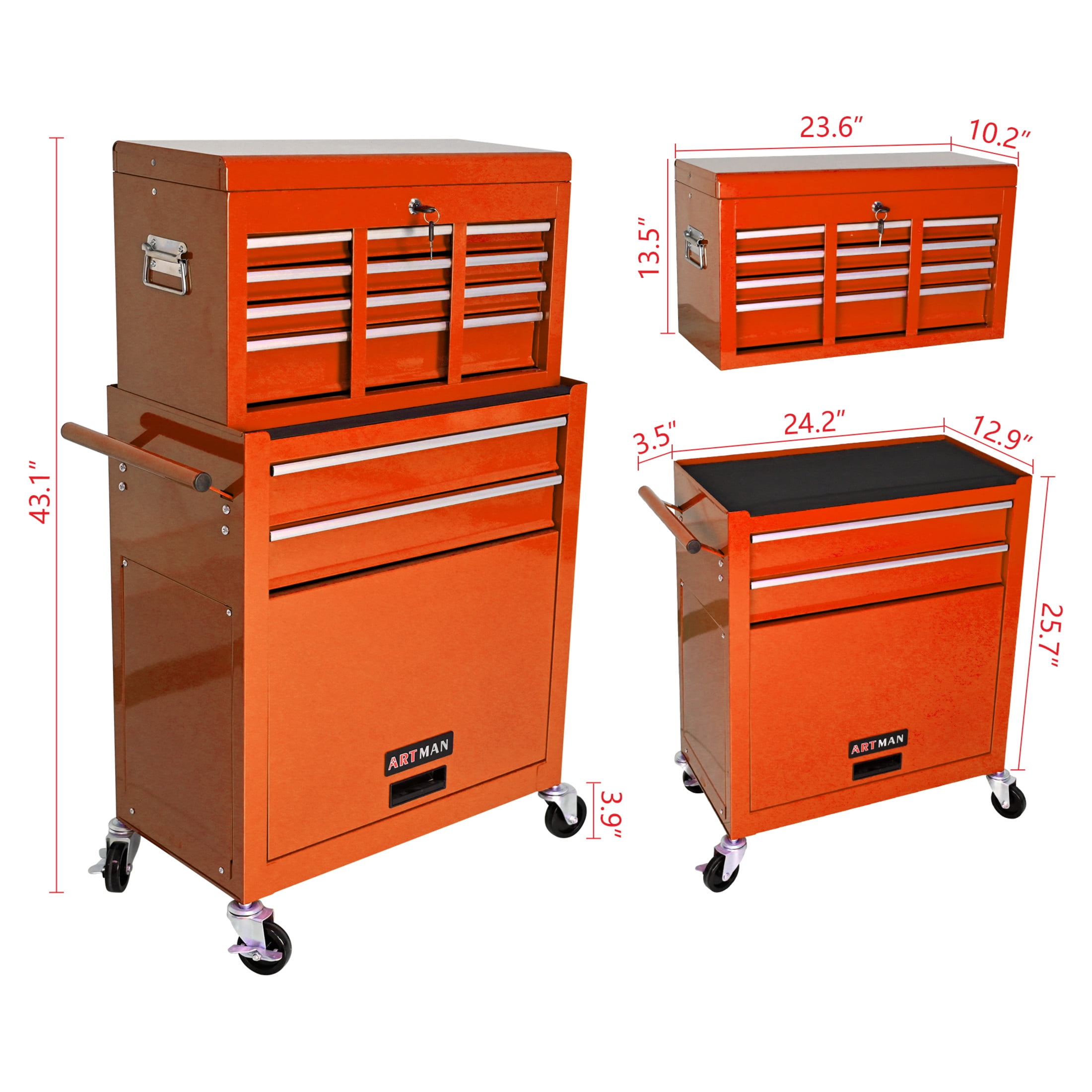 Noble House Heavy-Duty Rolling Tool Chest, 8-Drawer Steel Storage Box Organizer with Detachable Box, Orange