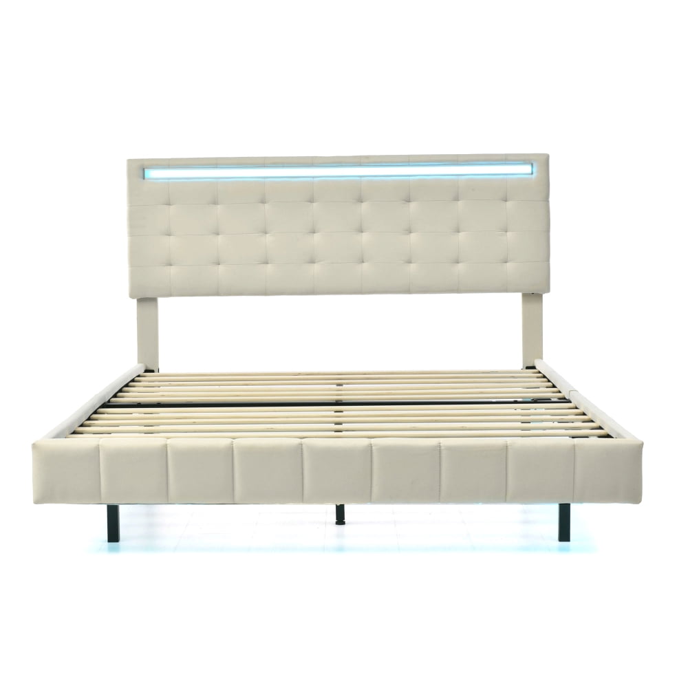 Queen Size Floating Bed Frame with LED Lights and USB Charging Station, Modern Platform Bed with Headboard,Wood Slats Support,No Box Spring Needed,Beige+Linen