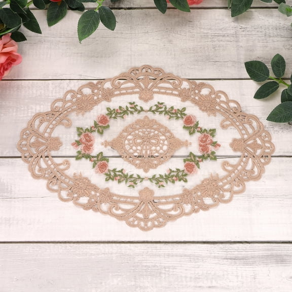 1 Pcs Lace Placemats, 15x5.9Inches Vintage Table Doilies Oval Embroidered Crochet Lace Dolly Cup Mat for Table Vase Home Decor, Bean paste