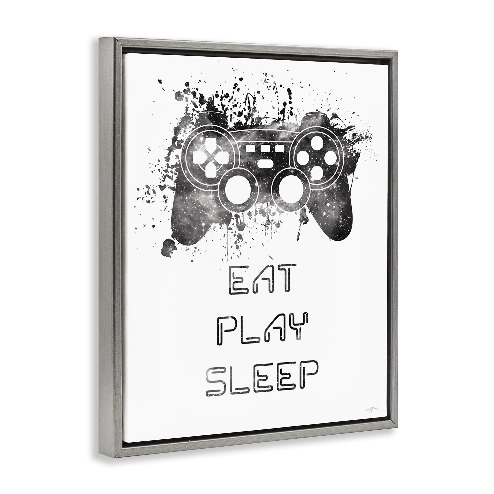 Stupell Industries Eat Play Sleep Gaming Typography Painting Gray Floater Framed Art Print Wall Art, 25 x 31