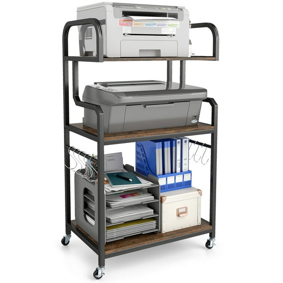 Gymax 3-Tier Rolling Printer Stand Home Office Large Printer Cart w/ Storage Shelves Rustic Brown & Black