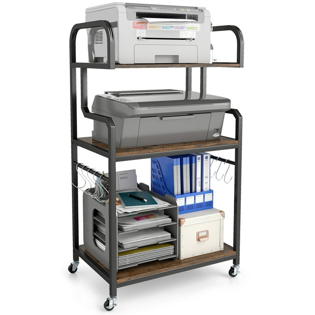 Gymax 3-Tier Rolling Printer Stand Home Office Large Printer Cart w/ Storage Shelves Rustic Brown & Black