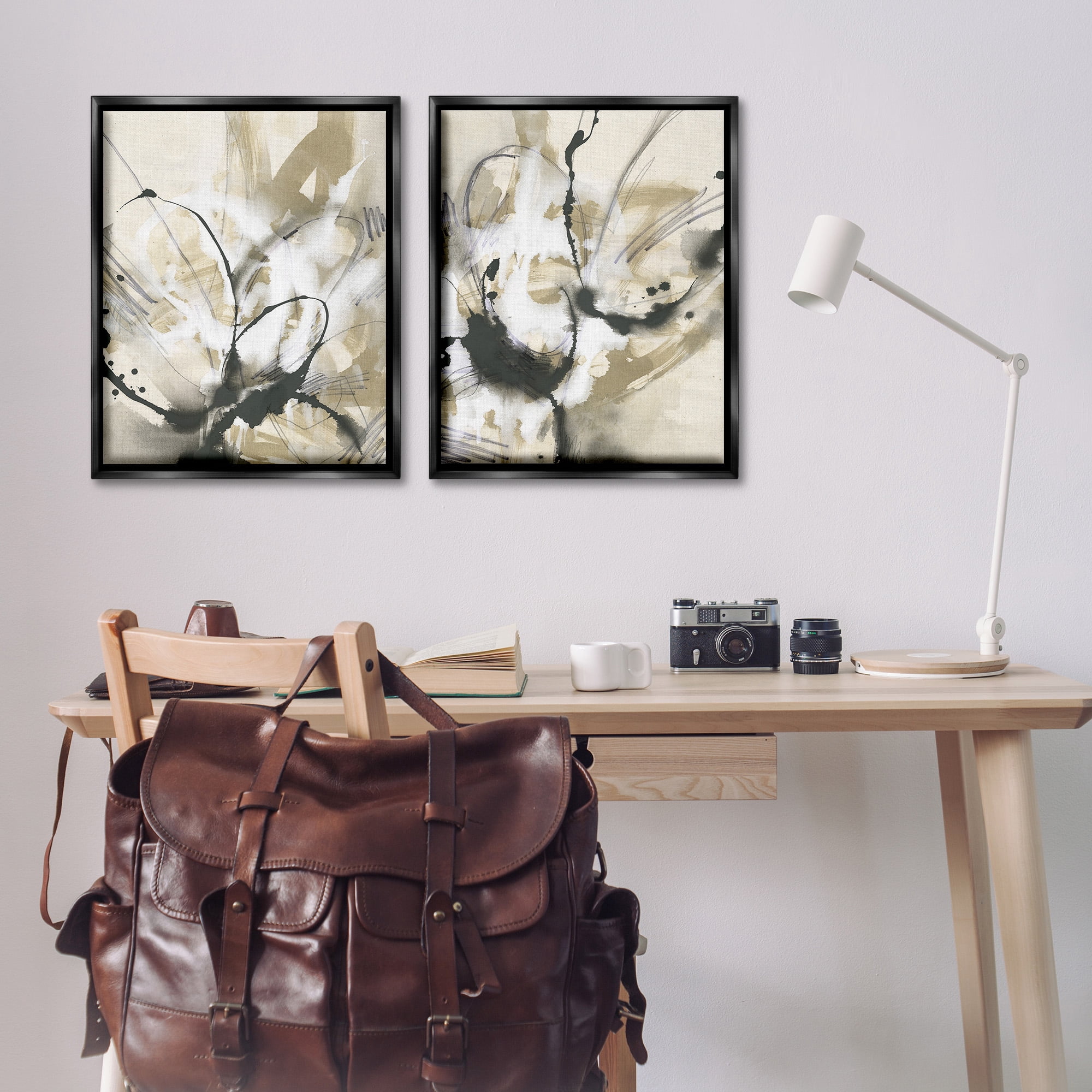 Stupell Industries Beige & Black Splatter Abstract Painting Black Floater Framed Canvas Art Print Wall Art, 25 x 31, Set of 2