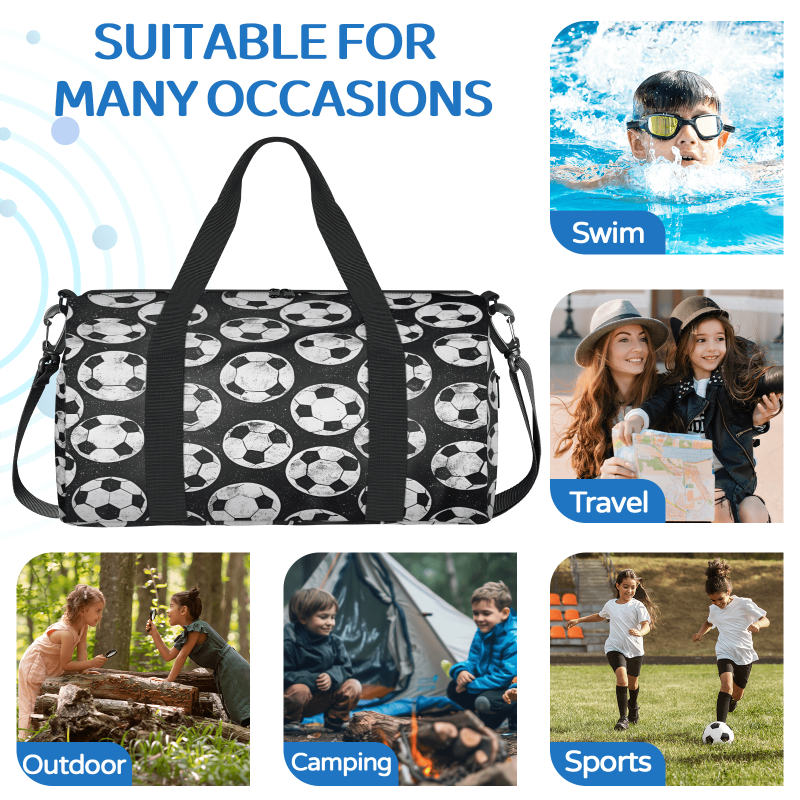 Herdesigns Black And White Soccer Ball Travel Duffle Bag Sports Yoga Weekender Overnight Carry on Workout Bags Lightweight Waterproof Gym Tote Bag for Women