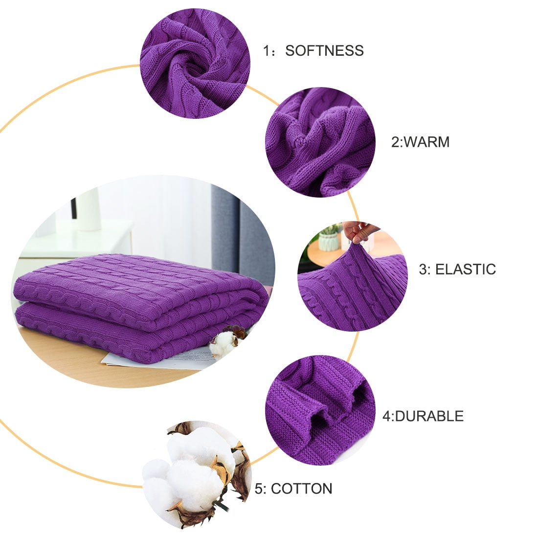 Unique Bargains 100% Cotton Soft Cable Knit Blanket Purple Throw(47" x 70")