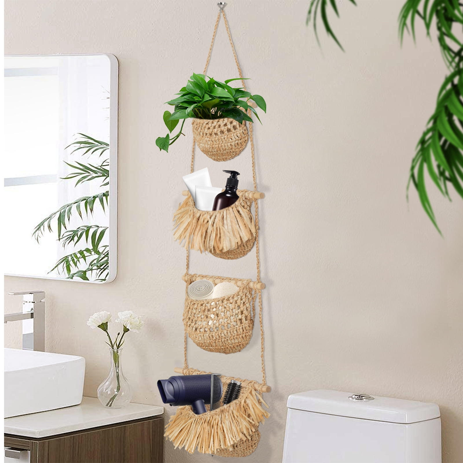 Hanging Fruit Basket, ZUEXT 4 Tier Over the Door Organizer, Handmade Woven Jute Wall Baskets for Organizing, BOHO Decor, Storage for Kitchen, Living & Bathroom Bedroom.