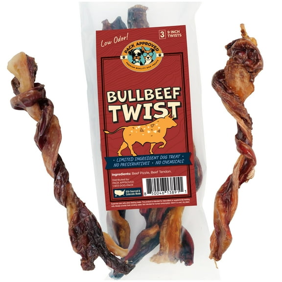 Pack Approved Bull Beef Twist - Beef Dog Treats for Medium Dogs & Large Breeds- Long Lasting Dog Chews for Aggressive Chewers - 9" (3ct)