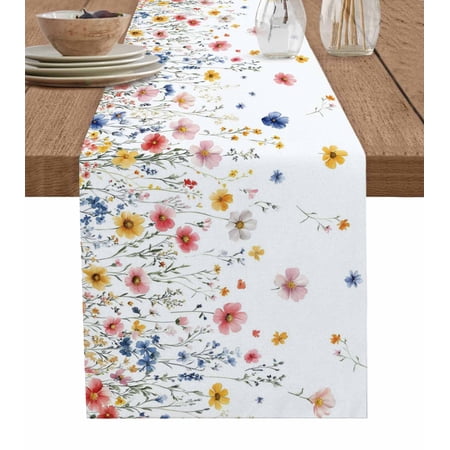 Blue Flowers Table Runner Pink Watercolor Botanical Garden Floral Tablerunners 14 x 72 Inch Table Decorations Tabletop Scarf for Summer Gathering Holiday Farmhouse Kitchen Dining Decor