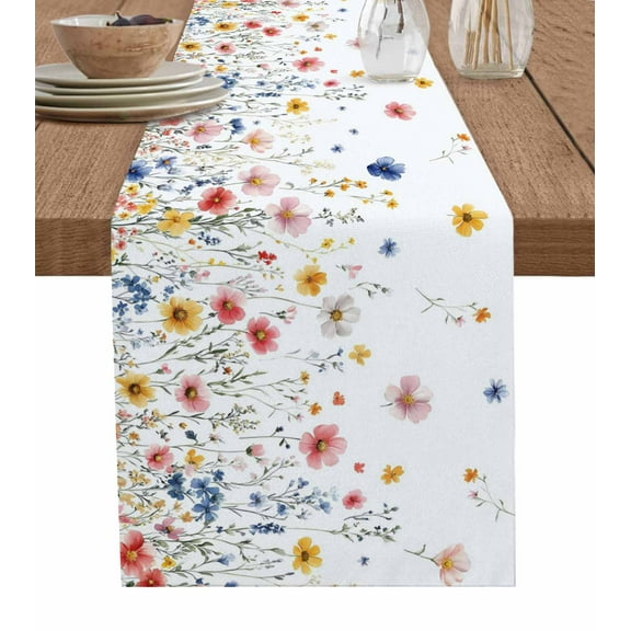Blue Flowers Table Runner Pink Watercolor Botanical Garden Floral Tablerunners 13 x 60 Inch, Table Decorations Tabletop Scarf for Summer Gathering Holiday Farmhouse Kitchen Dining Decor
