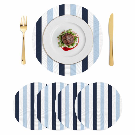 Navy Blue Aqua Striped Round 15 Inch Placemats Set of 4, Farmhouse Stripe Art HeatResistant Non Slip Place Mats for Dining Table, Wipeable Braided Kitchen Table Mats for Housewarming