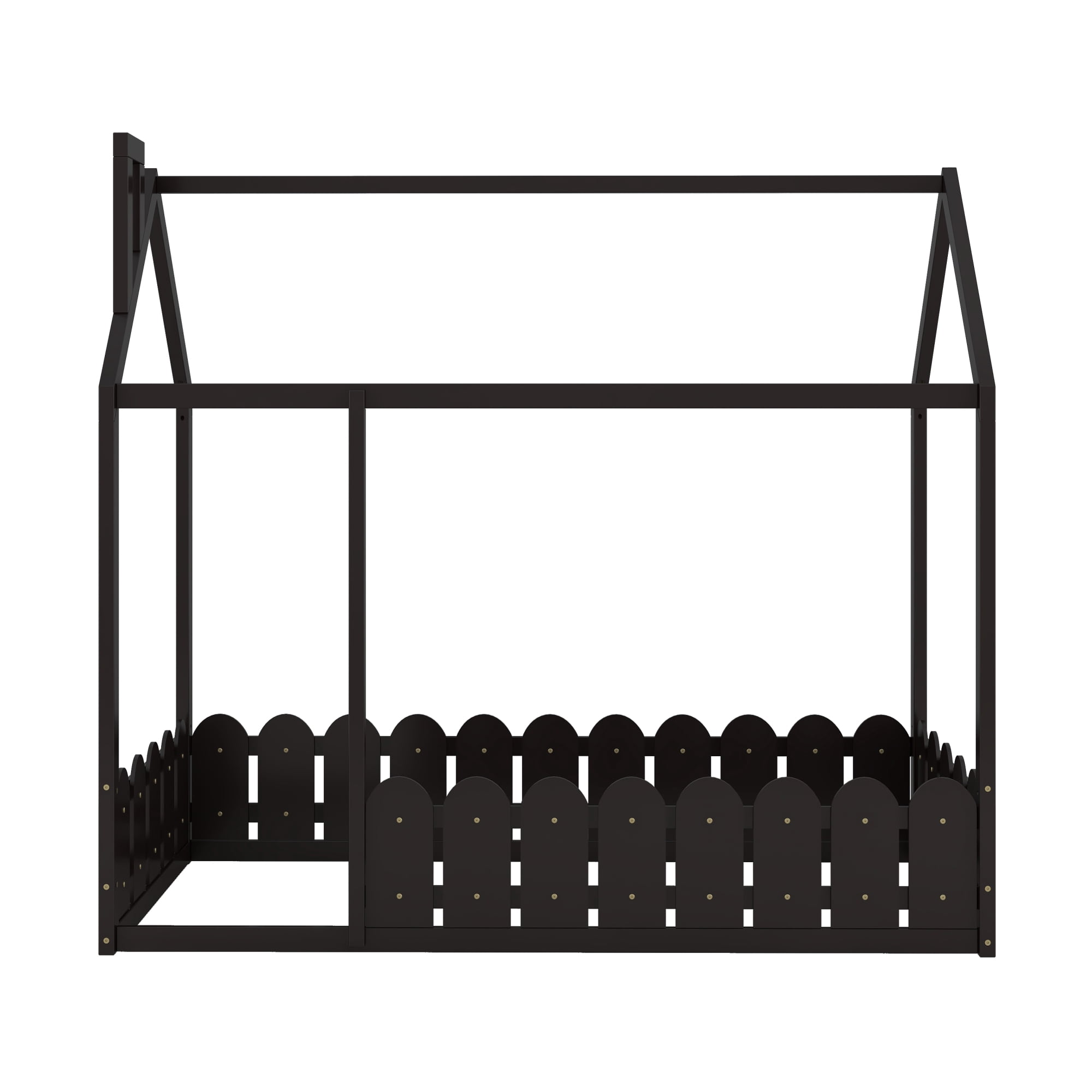 Leumius Twin Size Wood House Bed with Fence & Roof,Montessori Bed Floor Bed with Safety Guardrails for Boys & Girls,Espresso