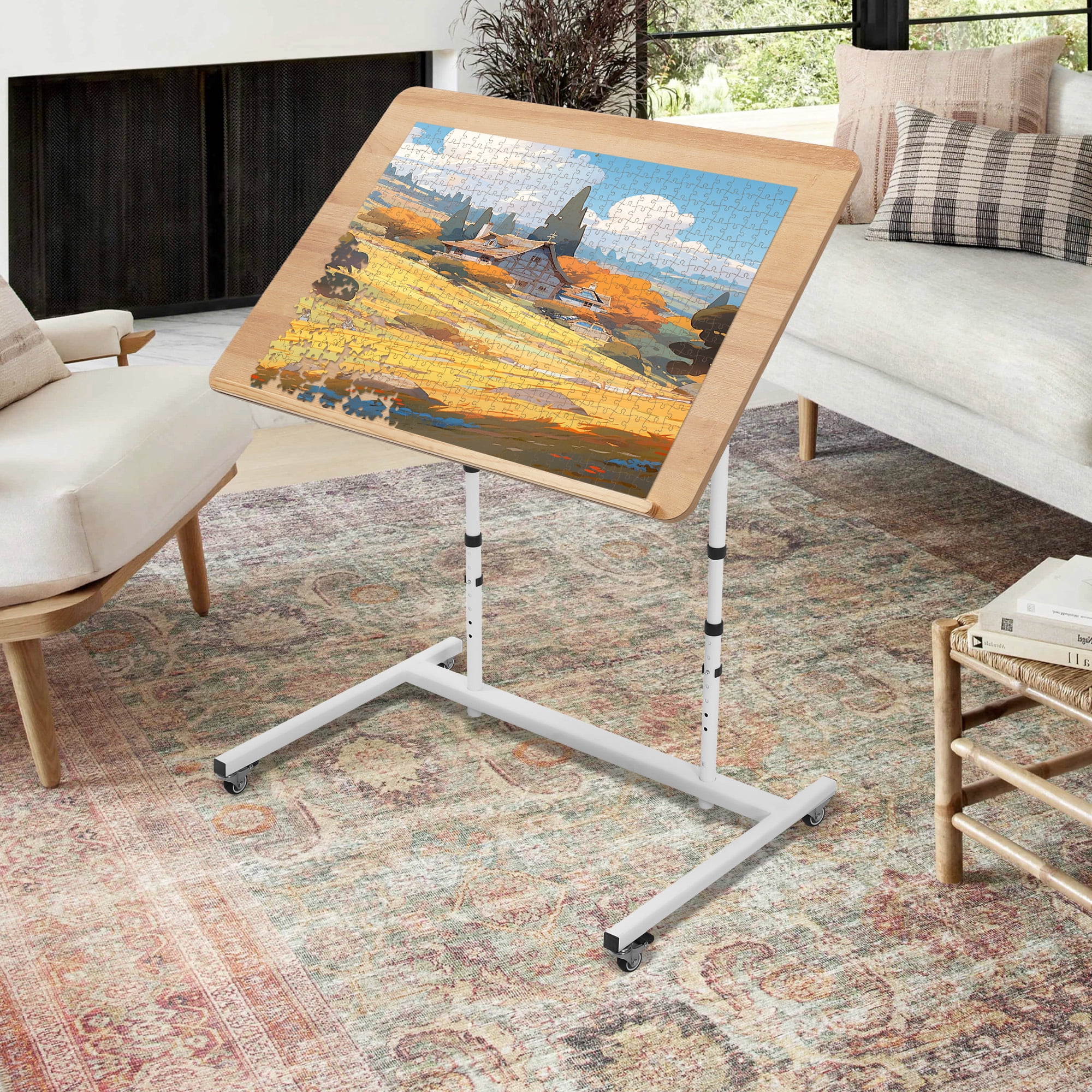 TUAREX 1500 Pieces Jigsaw Puzzle Table with Legs, Puzzle Table with Wheels, Adjustable Height, Pneumatic Tilt, Portable Puzzle Cart for Adults, White