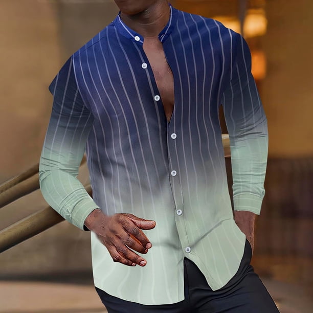 Blusa y camisa de manga larga con cuello alto para hombre, estilo informal, a rayas, con cuello alto, tipo cárdigan, camisa con botones, blusa de poliéster para hombre