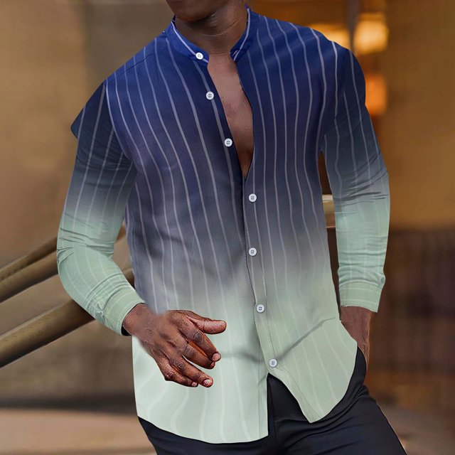 Blusa y camisa de manga larga con cuello alto para hombre, estilo informal, a rayas, con cuello alto, tipo cárdigan, camisa con botones, blusa de poliéster para hombre