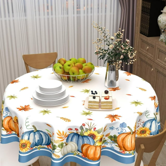 Fall Round Tablecloth 60 Inch Autumn Orange Pumpkin Outdoor Table Cloth Thanksgiving Tablecloth Maple Leaf Table Cover for Kitchen Dinner Room Holiday Party Home Decor