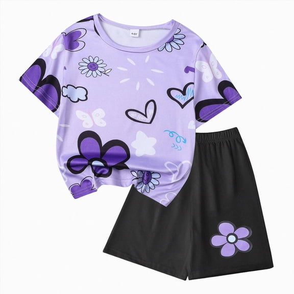Caqnni 4-5 Years Girl Summer Clothes 2Pc Set Toddler Girl Clothes Floral Printed Top And Shorts Outfits 2Pcs Little Girls Clothing Set