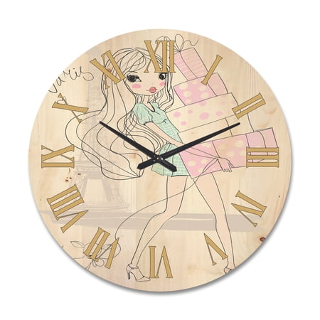 Designart 'Young Woman With Shopping Boxes In Paris' Shabby Chic Wood Wall Clock Designart 'Young Woman With Shopping Boxes In Paris' Shabby Chic Wood Wall Clock 1 e 9 bc 1 c 5