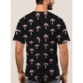 thumbnail image 4 of Men's crew neck T-shirt with a modern tropical design and a vibrant pink palm print on a black background is light and suitable for summer wear, 4 of 6