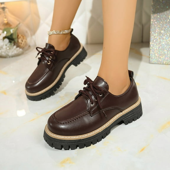 Mary Jane Shoes Women,Solid Color Lace Up Platform Fashion Comfortable Leather Mary Jane Shoes,T Strap Mary Janes for Women,Brown,9.5