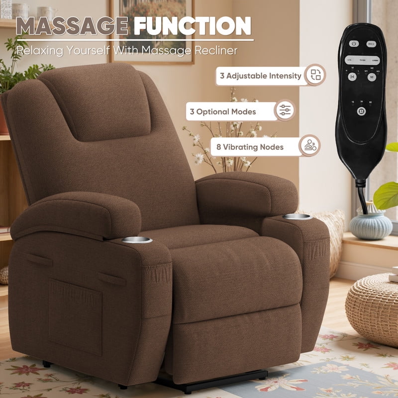 Homall Power Lift Recliner Chair with Massage for Living Room Recliner Chair for Elderly with Infinite Position Side Pocket and Saucer,Linen Brown