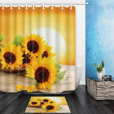 BPBOP Sunflower With Green Leaves in the Sunset Polyester Fabric Shower