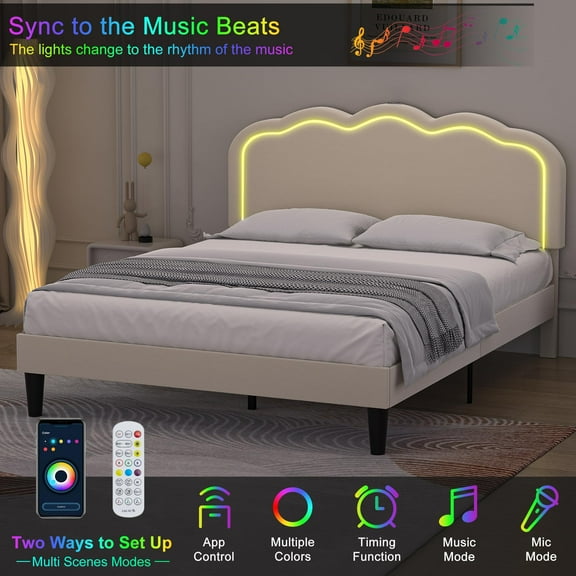 VECELO Upholstered Queen Size Bed Frame with Headboard Adjustable, LED Lights, USB-A & Type-C, Velvet Platform Bed Noise Free, Mattress Foundation with Wooden Slats, No Box Spring Needed, Beige