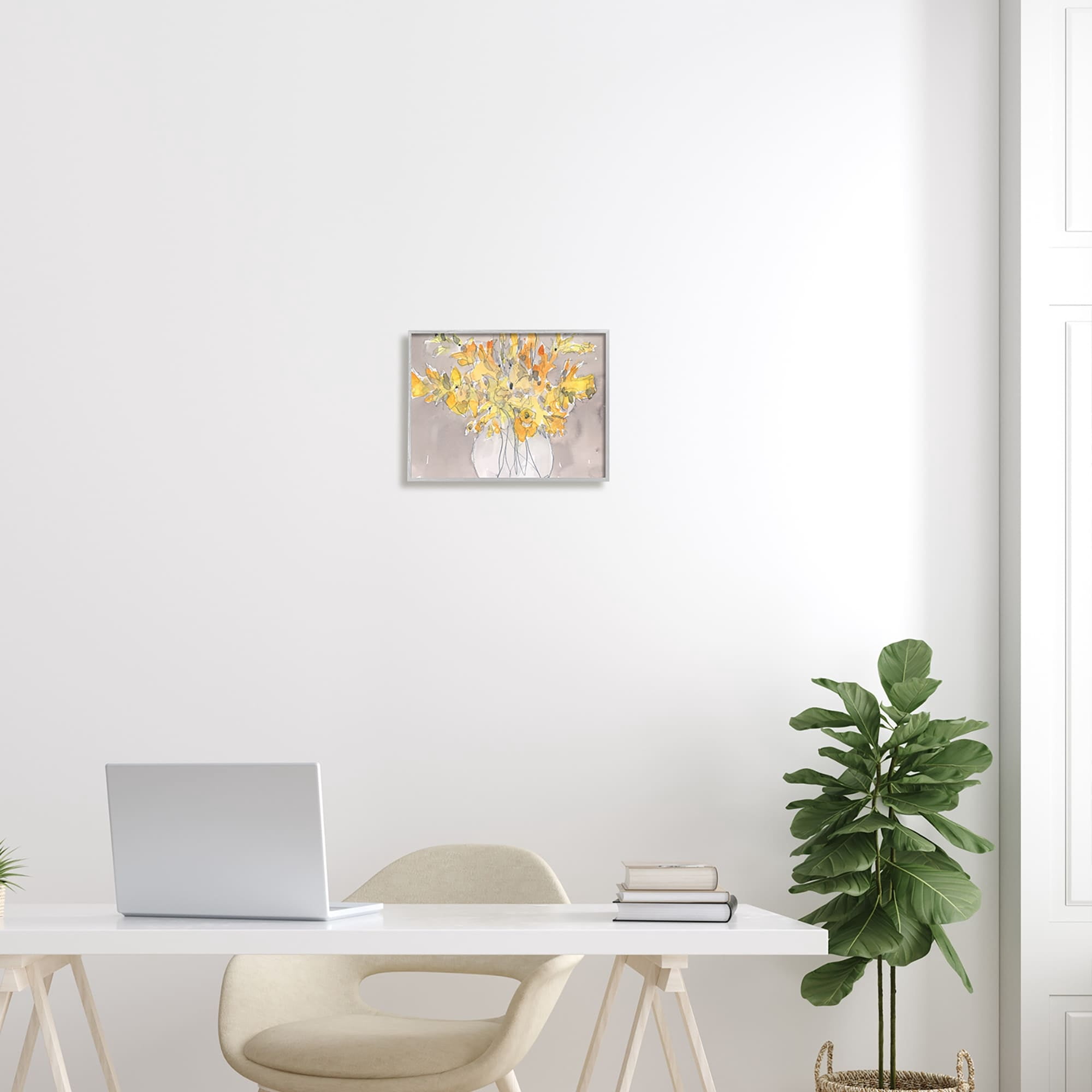 Stupell Industries Modern Yellow Petals Blossoms Floral Arrangement Vase Painting Gray Framed Art Print Wall Art, Design by Samuel Dixon