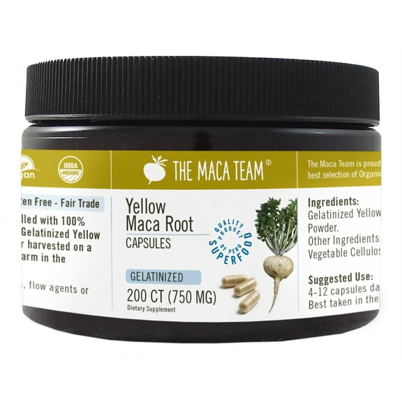 Organic Gelatinized Yellow Maca Capsules - Vegan - 750 mg - 200 ct