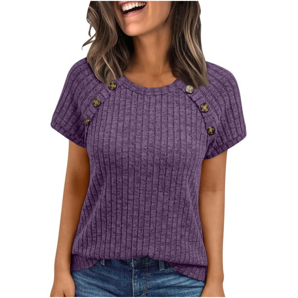 Tops de Mujer, Manga Corta Sólida Cuello Redondo Botón Arriba Blusa Casual de Negocios