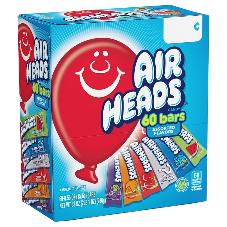 Airheads Chewy Candy Bars, Assorted Flavors, Peanut and Tree Nut Free, Regular Size, 33 oz, 60 Count